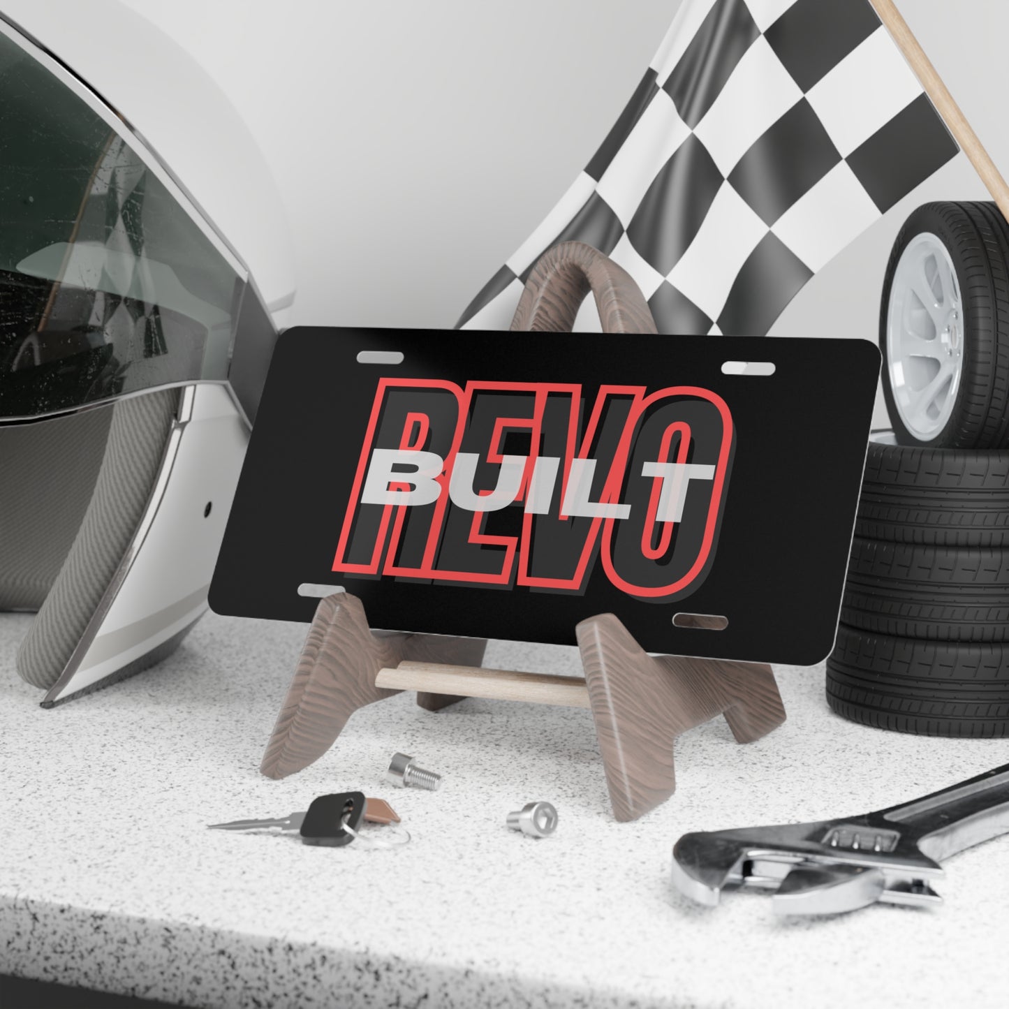 Aluminum Vanity Plate, Black With "Revo Built" Printed On Top