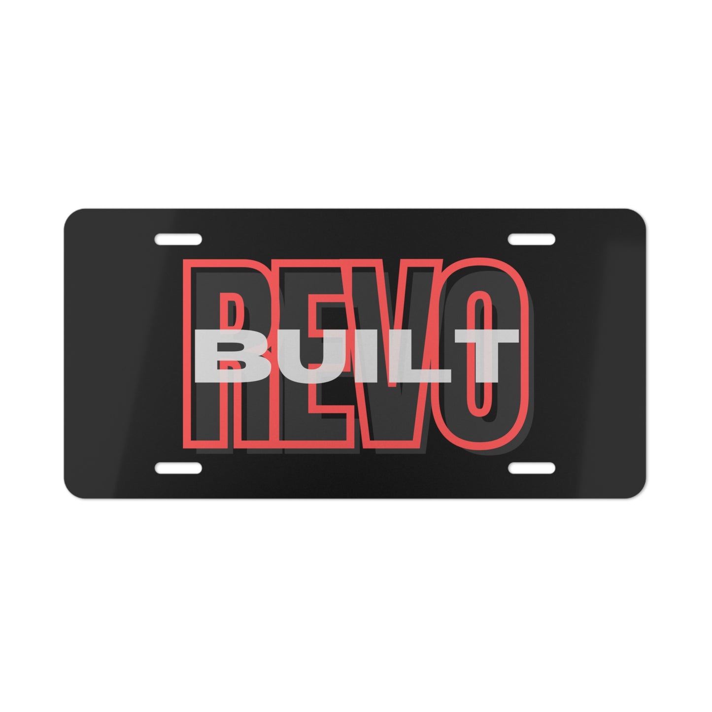 Aluminum Vanity Plate, Black With "Revo Built" Printed On Top