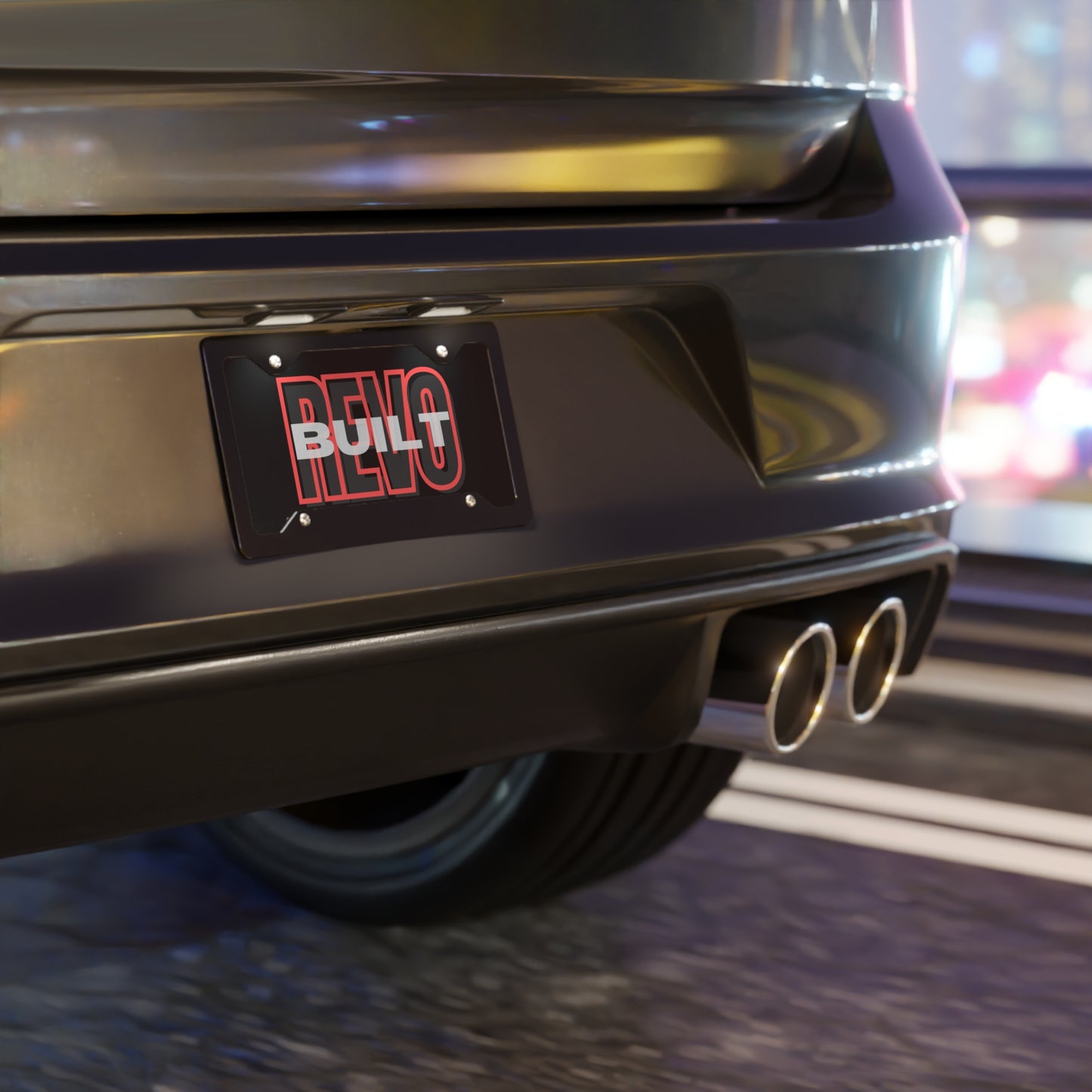 Aluminum Vanity Plate, Black With "Revo Built" Printed On Top